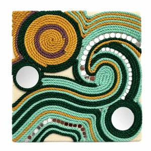 The Brown Box macrame and mirror canvas wall art on a white background
