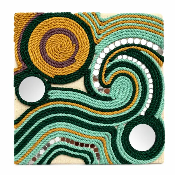 The Brown Box macrame and mirror canvas wall art on a white background