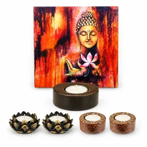 GIFTSMATE Buddha tealight holder display with five pieces on a white background