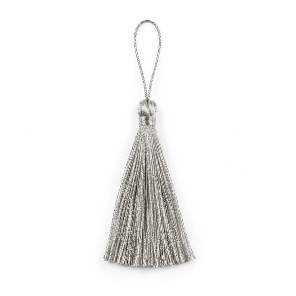 Srajan Creation silver zari tassel with a hanging loop on a white background
