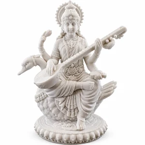 Artyog white-finish Saraswati resin statue with a veena, studio view