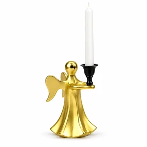 Hind Decor gold-tone angel candle holder with white candle, studio view