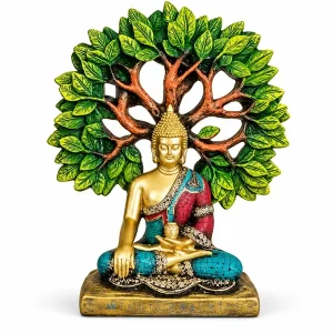 Mishtukocrafts Buddha statue beneath a green tree backdrop on a white background