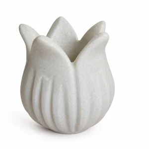 Primium white lotus-shaped stoneware vase, studio view