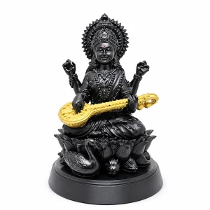 The Cube Mart black Saraswati idol holding a gold-tone veena on a white background