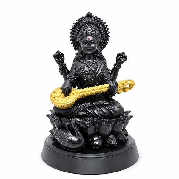 The Cube Mart black Saraswati idol holding a gold-tone veena on a white background