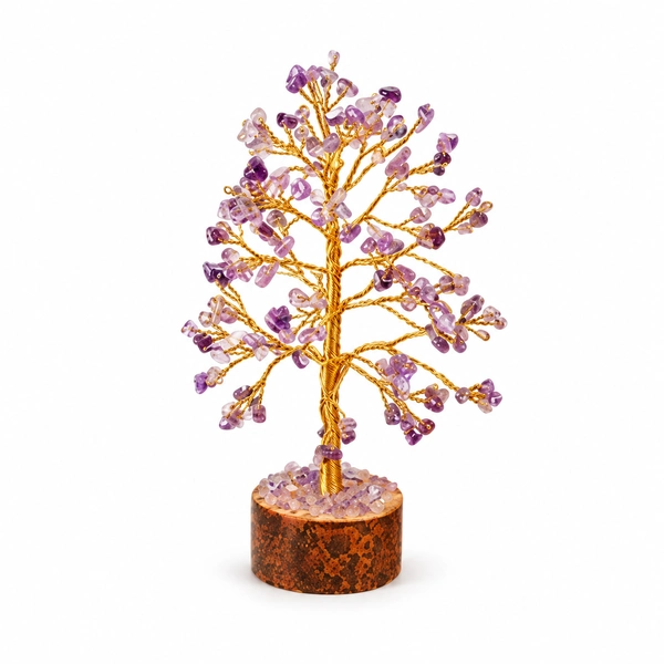 Amantra amethyst tree with gold-tone wire branches on a white background