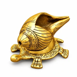 Shineyou brass tortoise supporting a conch-shaped bowl on a white background