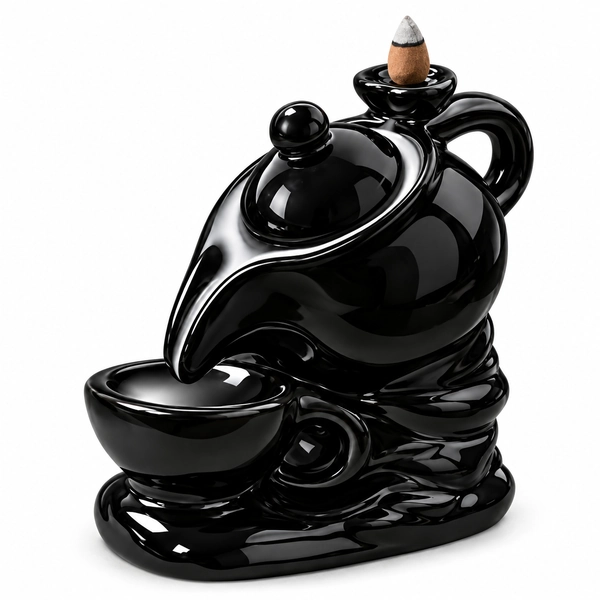 SD Crafts black ceramic teapot backflow incense burner on a white background