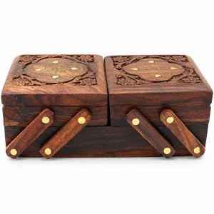 TFS carved rosewood jewellery box with folding compartments on a white background