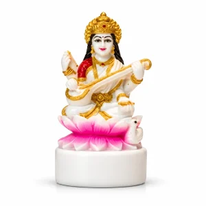 AVG Artistry Saraswati idol seated on a pink lotus on a white background