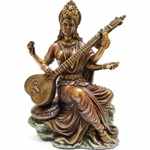 Purpledip bronze-finish Saraswati statue with a veena on a white background