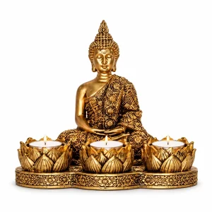 Miss Peach golden Buddha tealight holder with lotus candle cups on a white background