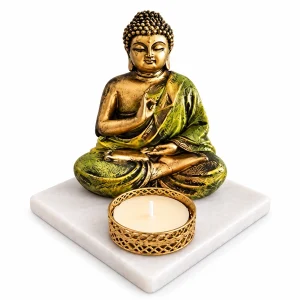 Homearte seated Buddha tealight holder on a white square base, studio view
