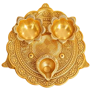 Gold-tone floral puja thali with two flower bowls and a leaf-shaped diya bowl