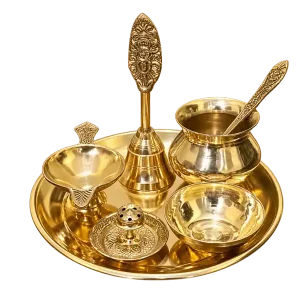 Brass Puja Thali Set with Bell and Bowls