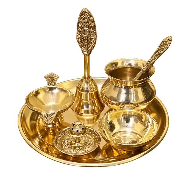 Brass Puja Thali Set with Bell and Bowls