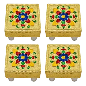 Mini Floral Wooden Puja Chowkis, Set of Four