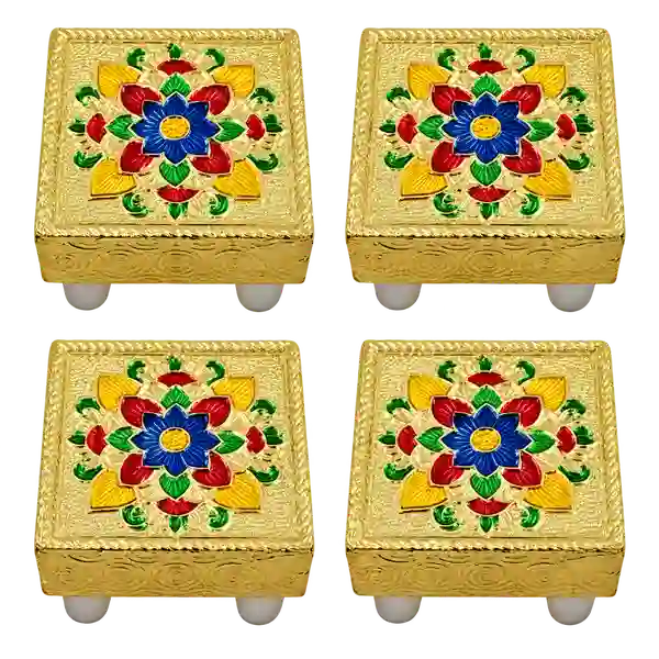 Mini Floral Wooden Puja Chowkis, Set of Four
