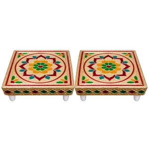 Decorative Wooden Puja Chowkis, Set of Two