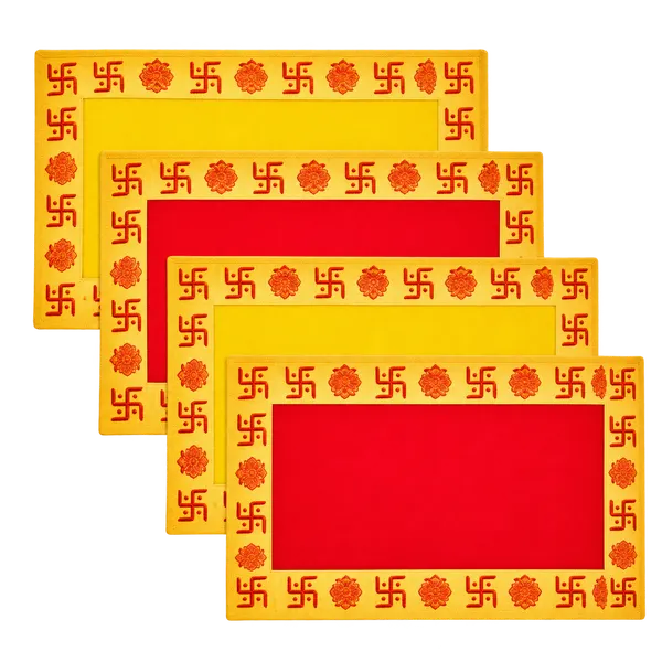 Red and Yellow Rectangular Puja Aasans, Set of Four