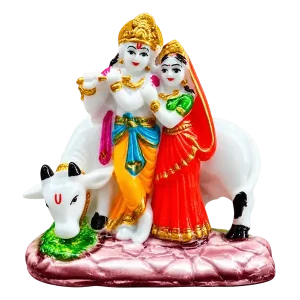 Compact Radha Krishna and Cow Idol
