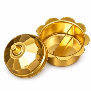 Open flower-shaped brass kumkum box with divider and matching lid on white