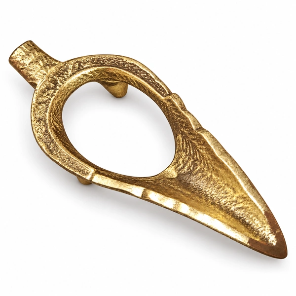 Empty brass Shankh holder stand with oval opening on white background