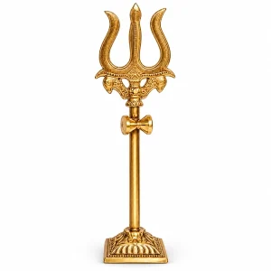 Brass Trishul and Damru with square display stand on white background