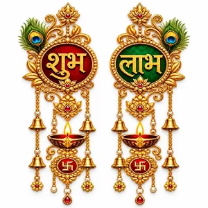Two Shubh Labh wall sticker panels with peacock, diya and bell artwork