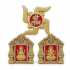 Red and gold Lakshmi Ganesha wall decor with Shri Labh motif on white