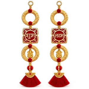 Pair of red and gold Shubh Labh hangings with rings and red tassels