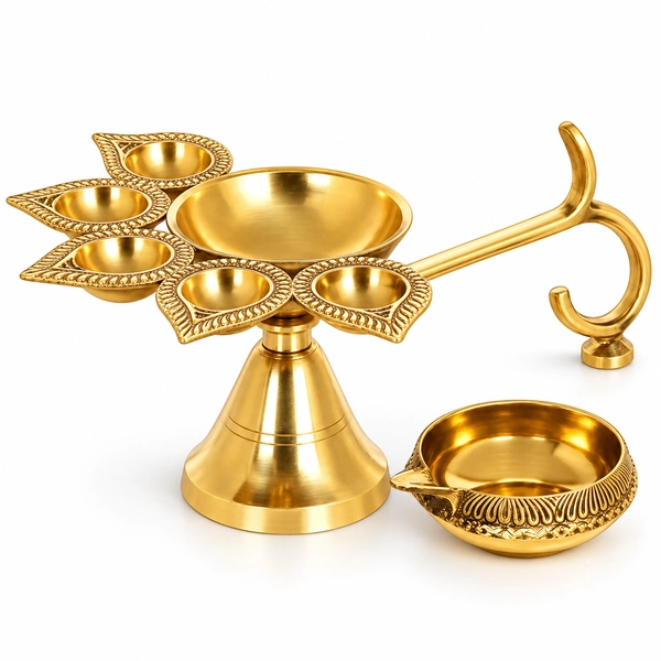 Brass Pancharti lamp and separate Kuber deepak, complete two-piece set