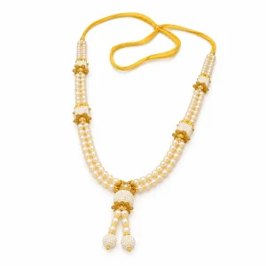 White artificial-pearl deity garland with gold-tone spacers and yellow tie cord