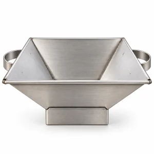 Empty stainless steel havan kund with curved side handles and raised base