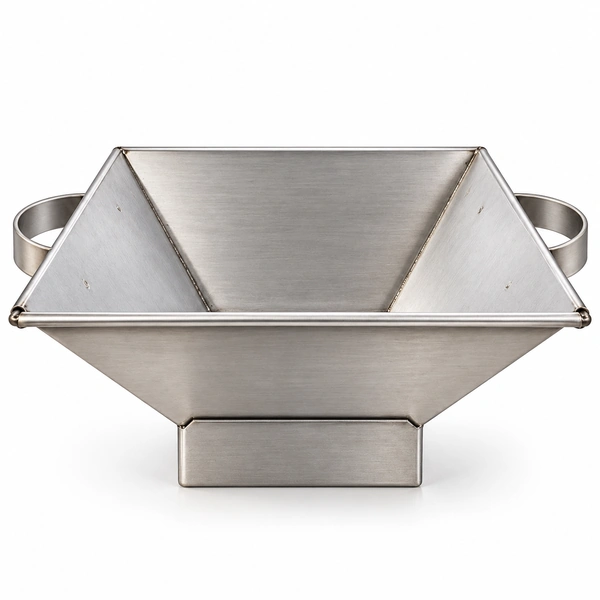 Empty stainless steel havan kund with curved side handles and raised base