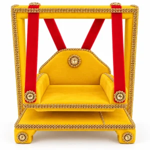 Empty decorative yellow wooden Laddu Gopal jhula with red strips and gold trim