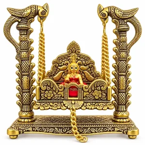 Metal Laddu Gopal jhula with one red-clothed idol and peacock pillars on white