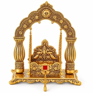 Empty gold-tone metal Krishna jhula with sun-face arch and peacock seat