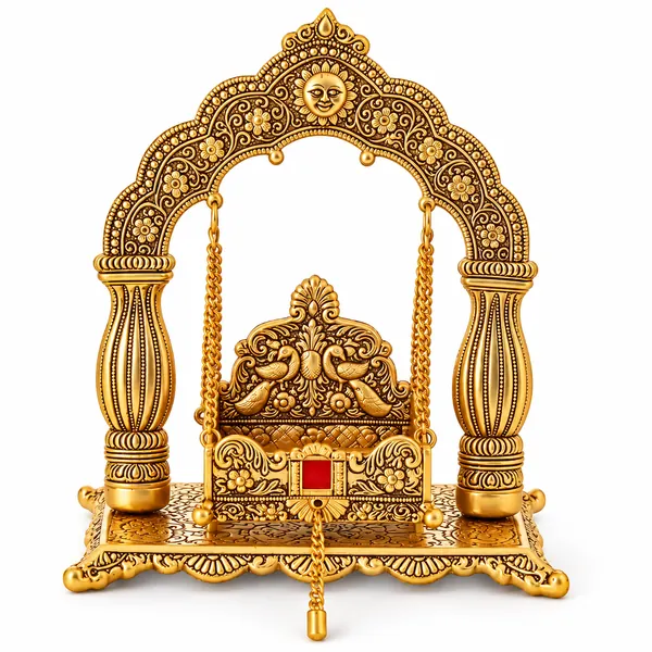 Empty gold-tone metal Krishna jhula with sun-face arch and peacock seat
