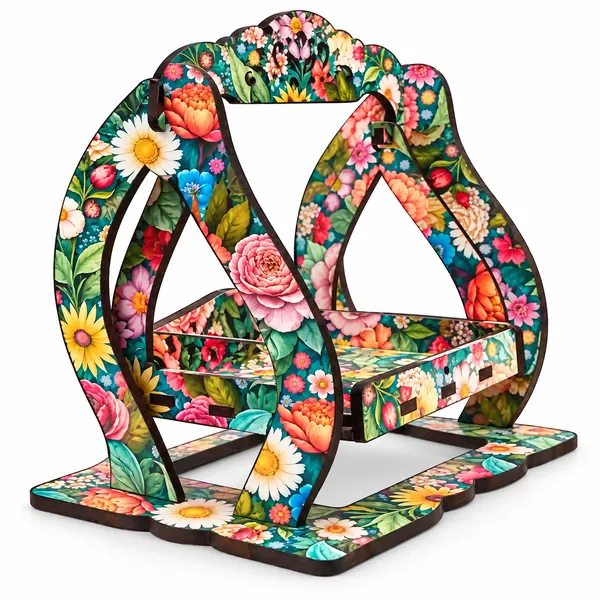 Empty floral wooden Laddu Gopal jhula with colourful printed frame on white