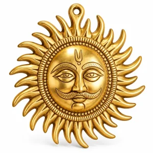 Gold-tone Surya Dev sun-face wall decor with beaded border on white