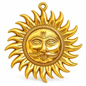 Large gold-tone Surya face wall hanging with curved rays on white