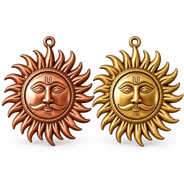 Set of two Surya face plaques, copper on the left and gold on the right