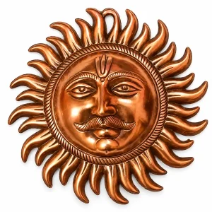 Antique-tone metal Surya wall hanging with curved rays on white