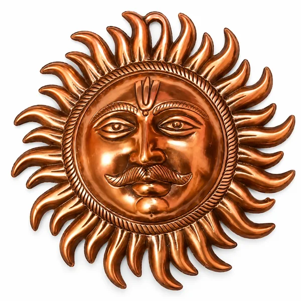 Antique-tone metal Surya wall hanging with curved rays on white