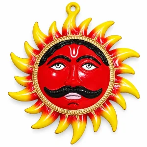 Multicolour brass Surya wall decor with red face and yellow rays on white