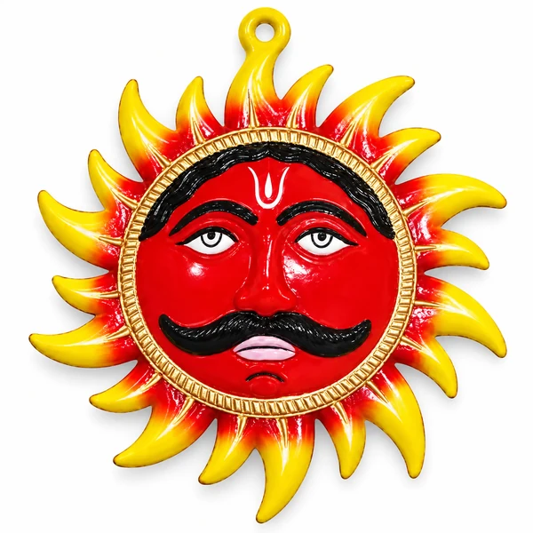 Multicolour brass Surya wall decor with red face and yellow rays on white