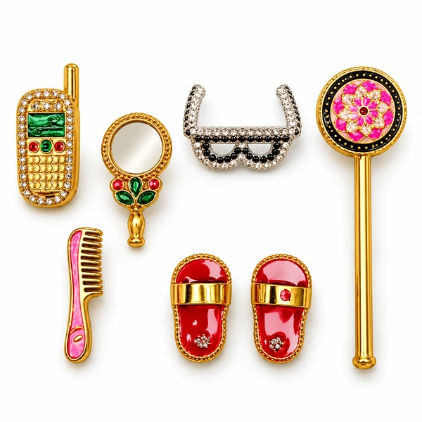 Seven-piece Laddu Gopal miniature accessory set with phone, mirror, sunglasses, fan, comb and two slippers