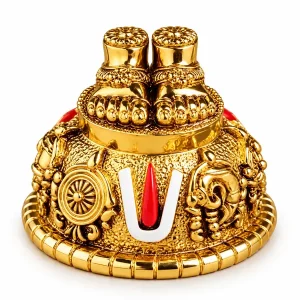 Gold-tone Balaji Charan Paduka showpiece with sacred feet and white-red tilak on a white background